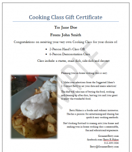 In-Home Cooking Class Gift Certificate - Sample