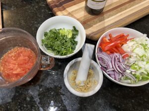 Prep work is key. chopped tomatoes, bok choy, peppers, onions and minced garlic / ginger.