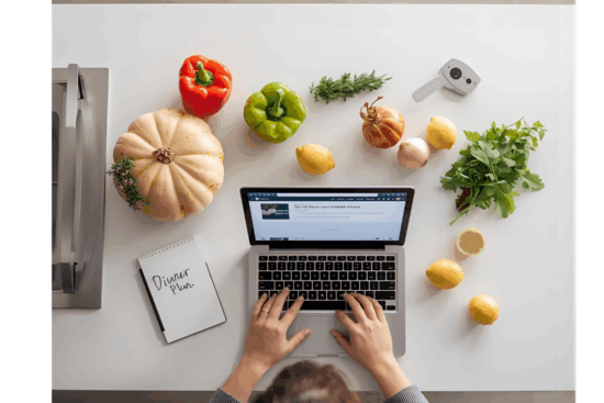 “Meal planning setup with fresh ingredients and an AI chat tool open on a laptop.